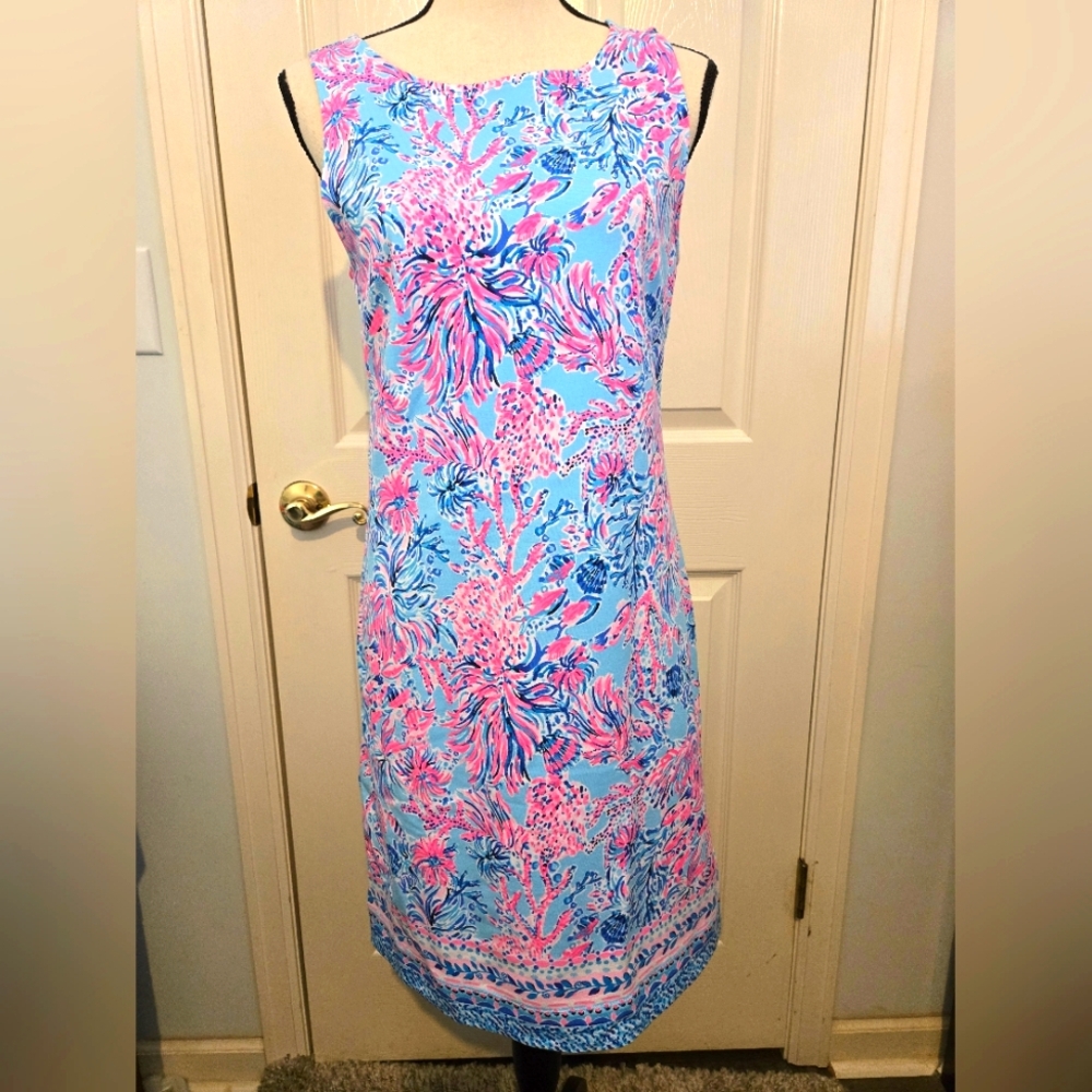 Lilly pulitzer Larsen Shift Dress Stretch terry in Celestial Blue Seek and Sea. 